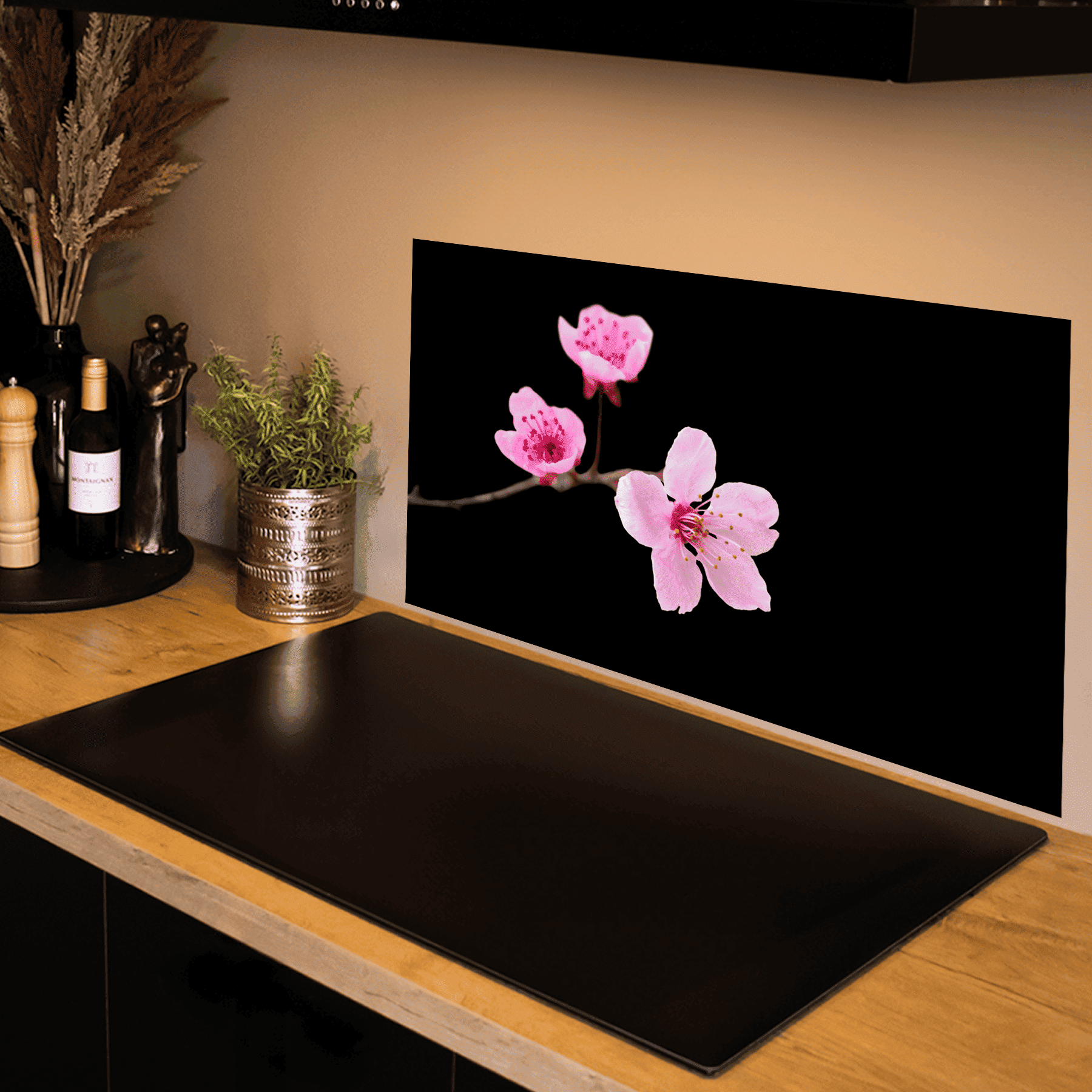 Küchenrückwand - Blumen - Sakura - Rosa - Schwarz