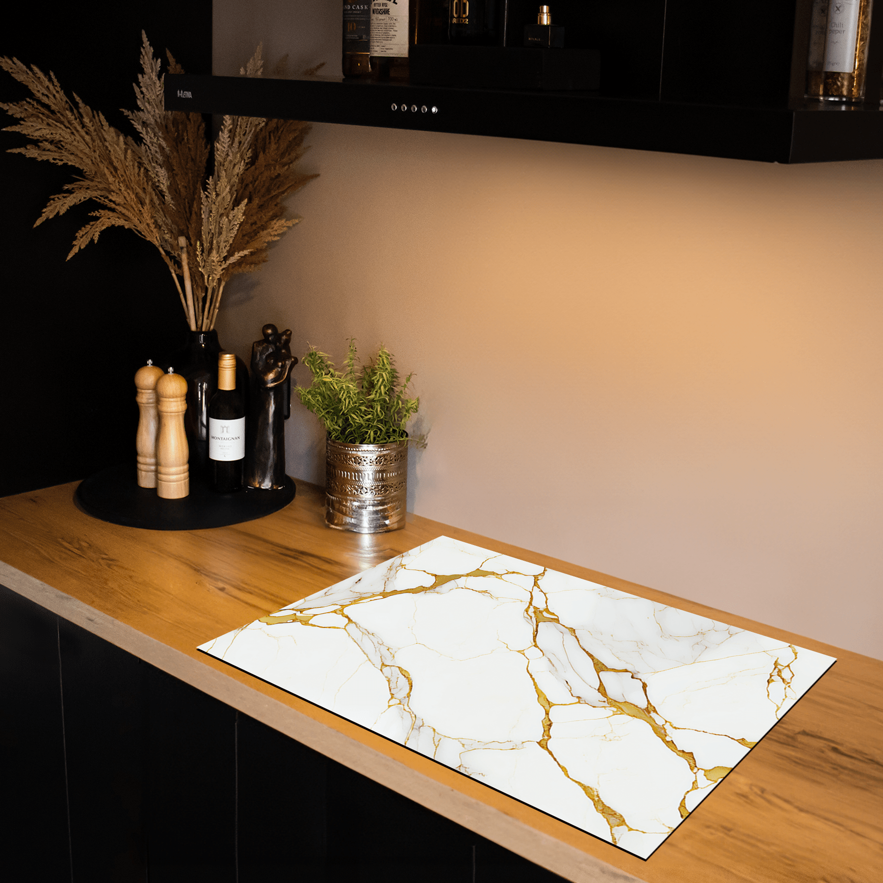 Inductiebeschermer - Marmer - Natuurlijk - Gouden accenten - Wit - Inductiebeschermer