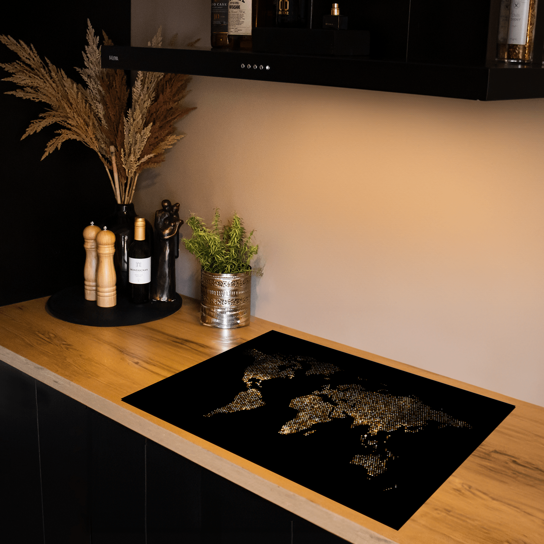 Inductiebeschermer - Black & Gold - Wereldkaart - Textuur - Inductiebeschermer