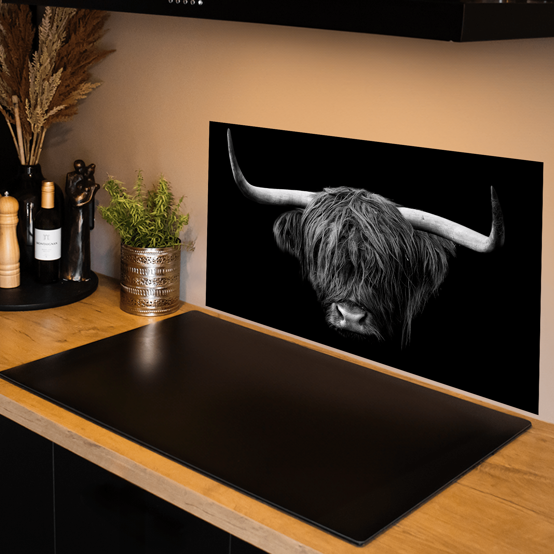 Keuken spatscherm - Schotse Hooglander - Dieren - Vacht - Horens - Zwart - Wit - keuken spatscherm